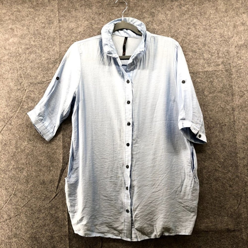 Korean Fashion Brand Merbe Womens Blue Tunic Button Up‎ Shirt Ruffle Collar Sz M